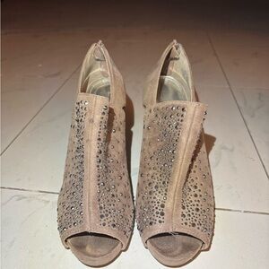 Jennifer Lopez Taupe Crystal-Embellished Peep-Toe Heels